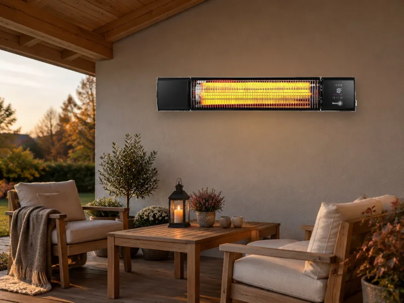 ElectricSun Infrarot-Terrassenheizung 2400 W an der Wand einer überdachten Terrasse (Bildmontage)